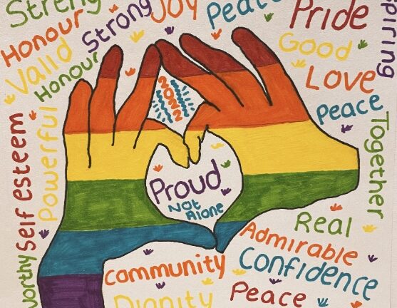 A drawing of two hands in PRIDE colors making a heart symbol.
